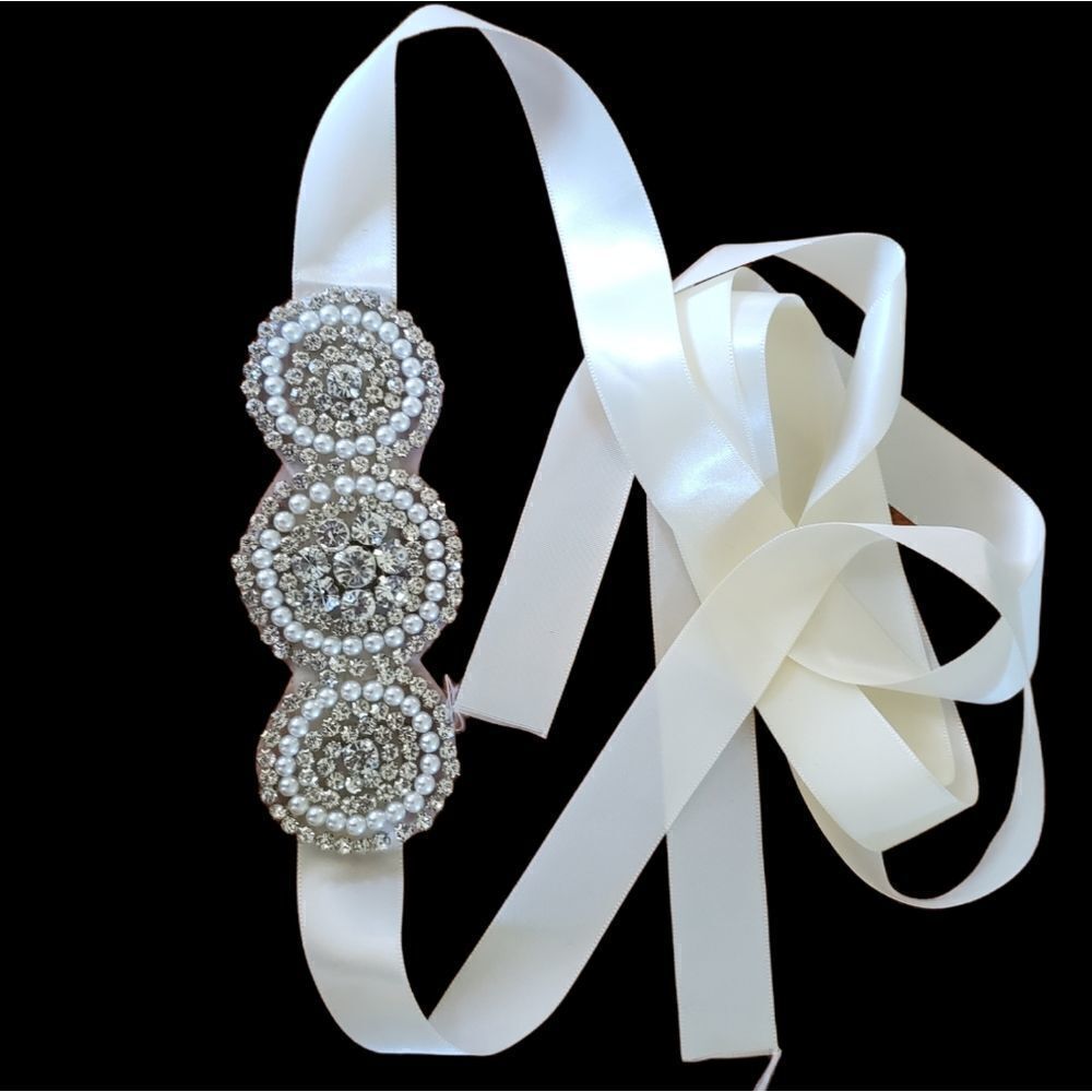 Bridal dress belt or headband. Rhinestones and pearls on ivory ribbon.  NWOT.